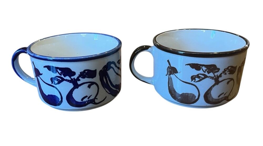 2 Large Japan Soup Bowls Mugs 14 oz BROWN & BLUE Vegetables Vtg Stackable
